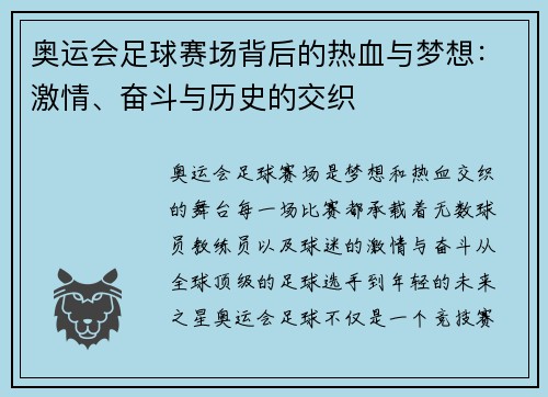 奥运会足球赛场背后的热血与梦想：激情、奋斗与历史的交织